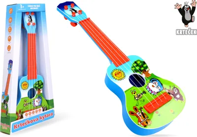 A product image showing a toy guitar in its packaging and a separate image of the guitar itself, with a cartoon character logo in the corner.