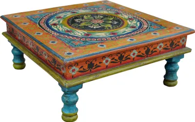 Produktbild von Bemalter Kleiner Tisch, Minitisch, Blumenbank - Ornament Blau/gelb, Mehrfarbig, Holz, 16*38*38 cm, Kaffeetische & Bodentische