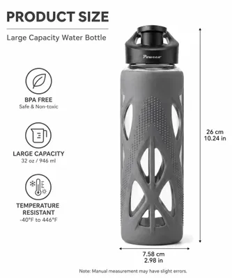 Imagen del producto de Botella de vidrio de borosilicato de 500 ml, con funda de silicona gris, a prueba de fugas, ideal para deportes
