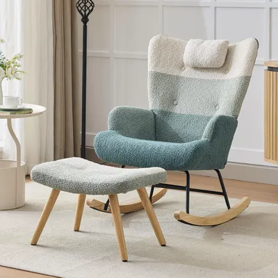 Image de OKWISH Fauteuil à Bascule - Design Moderne avec Repose-Pieds, Dossier Ergonomique et Poche Latérale, Structure Bois Métal, Tissu Bouclé - Multicolore