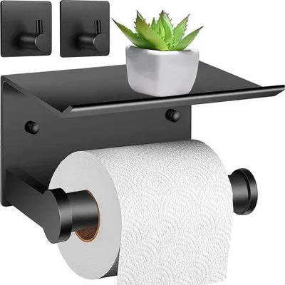 Image de Porte-papier toilette noir avec 2 porte-serviettes, autocollant