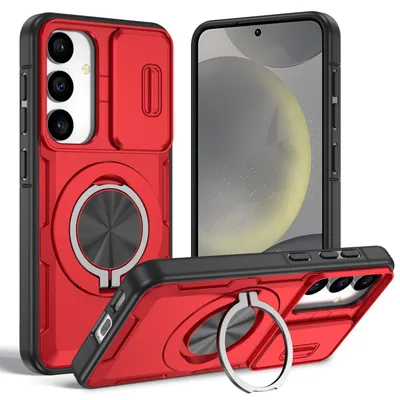 Produktbild von Magnetische Hülle für Samsung Galaxy S24 / S25, Militär Stoßfest Handyhülle mit Kameraschutz und Ringhalter Ständer Rot