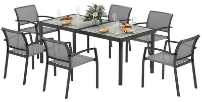 Image de Ensemble de table et chaises - 7 pièces : 6 chaises et 1 table - Empilable - Métal - Gris - Table de bistrot