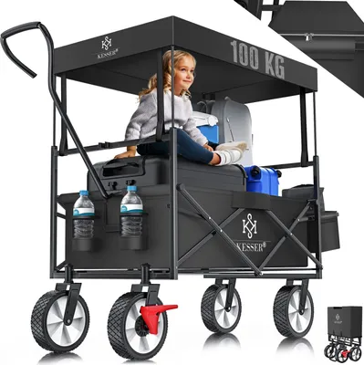 Produktbild von KESSER® Bollerwagen faltbar mit Dach Handwagen Transportkarre Gerätewagen | inkl. 2 Netztaschen und Einer Außentasche | klappbar | Vollgummi-Reifen | bis 100 kg Tragkraft | Mit Vorderrad-Bremse