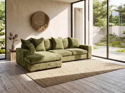 Produktbild von Ecksofa mit Schlaffunktion & Bettkasten – Grün Chenille, Links – 3-Sitzer in L-Form mit Ottomane & Rückenkissen – 285 cm Breit, Liegefläche 243x140 cm, Großes Schlafsofa für Wohnzimmer