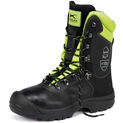A single black and neon yellow work boot is shown against a white background.