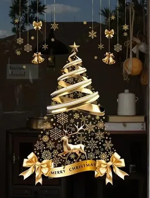 Produktbild von GKA XL Fensterbild goldener Weihnachtsbaum mit Renntier und Schneeflocken Merry Christmas GK2 Weihnachten Advent Weihnachtsdekoration Tannenbaum 40 cm