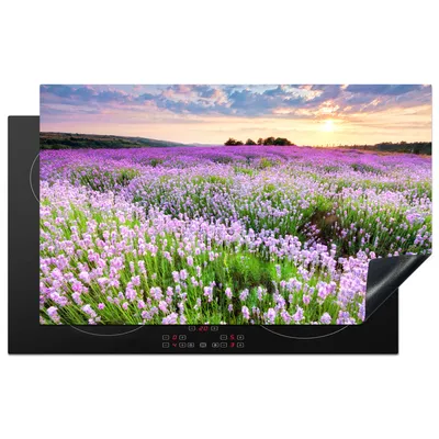 Produktbild von KitchenYeah© Herdabdeckplatte Blumen - Lavendel - Lila - Himmel - Sonnenuntergang - Wiese - Natur , 83x51cm, Küche Deko, Glaskeramikkochfeld Herdabdeckung, Abdeckplatte fùr Kochfeld
