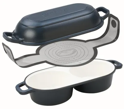 Immagine prodotto di Set di pentole in ghisa smaltata per pane, capacità 5 litri, 2 vani per la cottura, con spatola per pane, colore blu