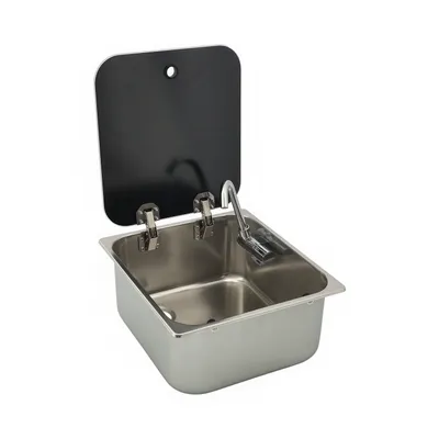 Produktbild von Spülbecken Waschbecken Edelstahl rechteckig mit klappbarem Wasserhahn & Deckel Boote Wohnmobile Größe: 352 x 322 mm