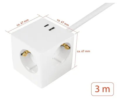 Produktbild von kabelmeister Steckdosenwürfel mit 3m Zuleitung 3x SchuKo; 1x USB-C 20W PD 3.0; USB-A 18W Weiß