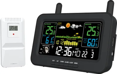 Produktbild von Wetterstationen, kabellose Innen- und Aussenthermometer, LCD-Farbdisplay, Temperatur- und Luftfeuchtigkeitsmonitor mit Aussensensor, Wetterthermometer, Prognosestation mit Uhr/einstellbarer Hintergrundbeleuchtung/Vorhersage/Daten/Luftdruck und Alarmalarm