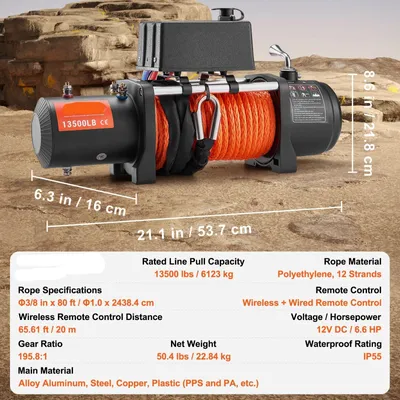 Imagen del producto de Cabrestante eléctrico – Capacidad de tracción: 6123 kg – Protección IP55 (resistente al agua) – Motor de 12V y 6,6 CV – Cabrestante para todo terreno