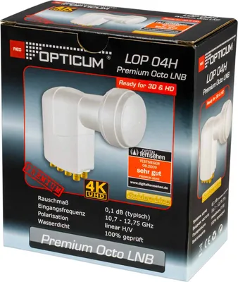 The image shows the retail packaging of an OPTICUM LOP 04H Premium Octo LNB.