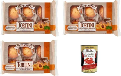 Produktbild von Beniamino Tortini con farcitura di Albicocca mit Aprikosenfüllung 3x 250gr + Italian Gourmet polpa 400g