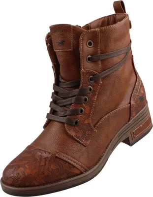 A single brown leather boot is shown against a white background.