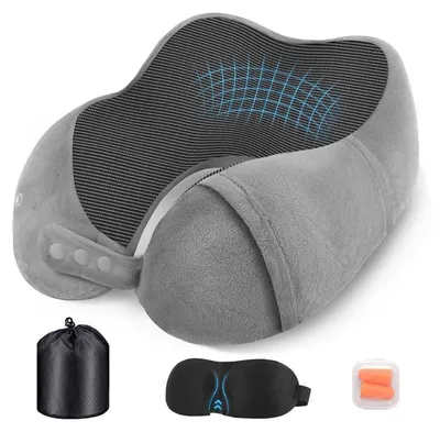 Image de Coussin de voyage pour le cou, en mousse à mémoire de forme, set gris, avec masque de sommeil et bouchons d'oreille