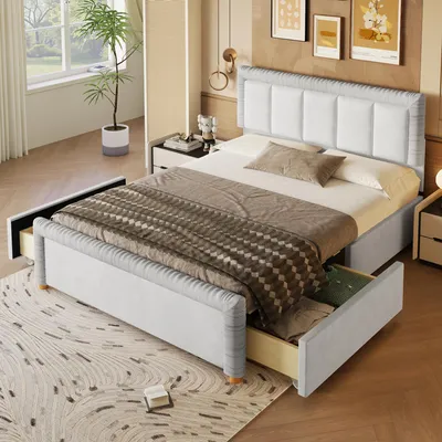 Immagine prodotto di Letto imbottito Flieks, 140x200 cm, con 2 cassetti, letto matrimoniale con contenitore e testiera imbottita, letto per ragazzi in velluto, grigio