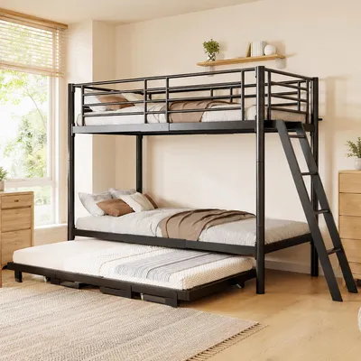 Productafbeelding van Flieks stapelbed 90 x 200 cm met uitschuifbed, hoogslaper met ladder, kinderbed met veiligheidsreling, zwart, metaal + multiplex + meerlaagshout