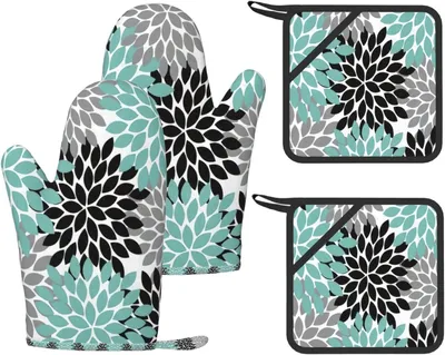 Produktbild von Küchenset mit Dahlienblumen-Motiv, hitzebeständigen Ofenhandschuhen und rutschfesten Topflappen