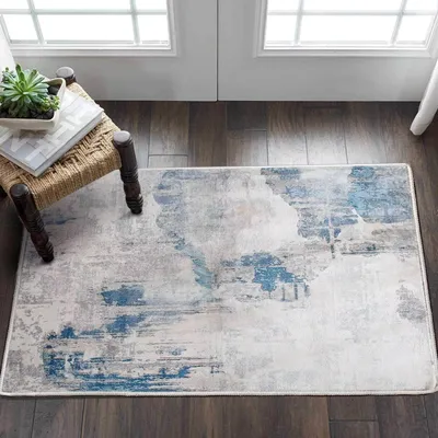 Immagine prodotto di Tappeto per il soggiorno, grigio/blu, moderno, astratto, morbido, a pelo corto, antiscivolo, 60 x 110 cm