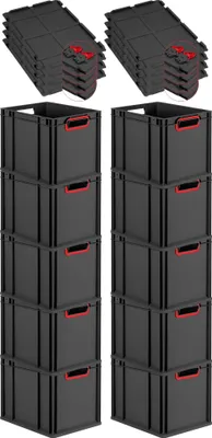 Produktbild von SuperSparSet 10x Eurobox NextGen Color mit Scharnierdeckel und Schiebeschnappverschlüssen | HxBxT 32x30x40cm | 30 Liter | Schwarz | Griffe rot offen | Eurobehälter, Transportbox, Transportbehälter, Stapelbehälter