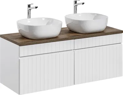 Obrázek produktu pro Koupelnový nábytek 160 cm s pracovní deskou a 2 umyvadly - bílý mat + dub Santa Fe