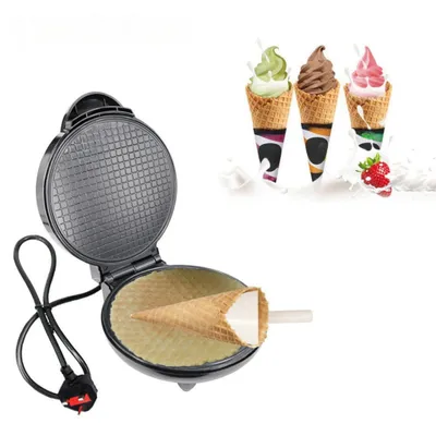 A waffle maker with a waffle cone inside, and three ice cream cones in the background.
