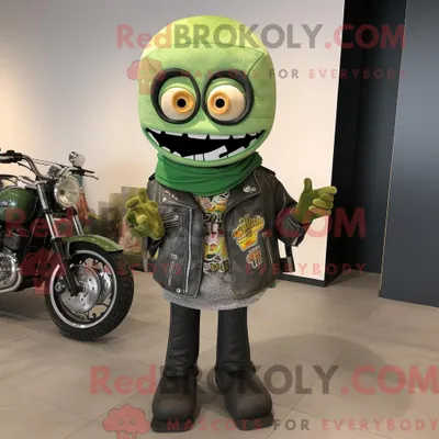 Productafbeelding van Mascot REDBROKOLY karakter van een groene enchiladas gekleed met een motorjack en sjaalpinnen