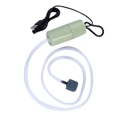 A USB powered aquarium air pump with tubing and an air stone.