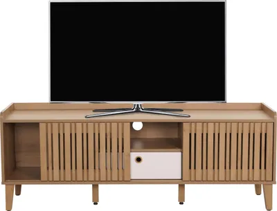 Image de Rack TV HWC-M48, Buffet bas Armoire TV, Porte coulissante 56x150x40cm ~ naturel, Tiroir blanc