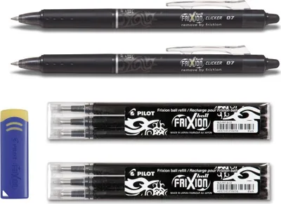 Produktbild von 2 Pilot Frixion Clicker 0.7 schwarz, 6 Ersatzminen 0.7 schwarz + Radierer gratis