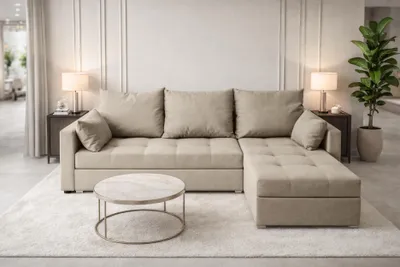 Image de AX LIVING Canapé d'angle Elif beige avec fonction couchage, forme en L, canapé avec coffre de rangement - Canapé d'angle moderne, canapé d'angle pour salon - Canapé d'angle beige - Droite