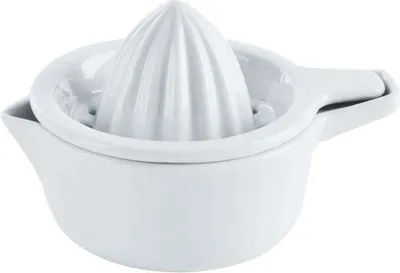 A white ceramic citrus juicer is shown against a white background.