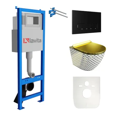 Produktbild von Lavita LAV 101 Vorwandelement für WC 40cm + Wand Hänge Tiefspül WC SOFI SLIM CHECKED GOLD Spülrandlos + Bedienplatte LAV 200.3.4 Schwarz | Komplettset | Unterputz Spülkasten | Toilette Komplett Sett
