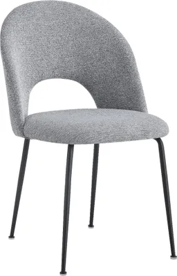 A single gray upholstered dining chair with black metal legs, shown against a white background.