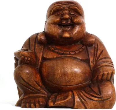 Obrázok produktu pre Šťastný Budha drevená figúrka socha abstraktná drevená figúrka socha Afrika Ázia šťastie talizman ručne vyrobené dekorácie, 11 cm