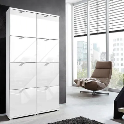 Produktbild von Schuhschrank DETROIT-01 für 32 Paar Schuhe, Hochglanz weiß, B x H x T ca. 106  x 174 x 30cm