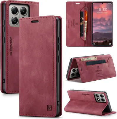 Produktbild von Xiaomi 14T Pro Hülle, Retro Kunstledertasche Stand Schutzhülle für Xiaomi 14T Pro Rot