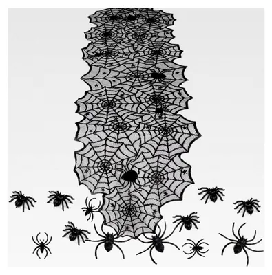 Produktbild von Halloween Tischdekoration - Tischläufer mit Spinnennetz und 12 Spinnen Dekorationsset, schwarzes Tischband mit Spitze (180×45 cm)