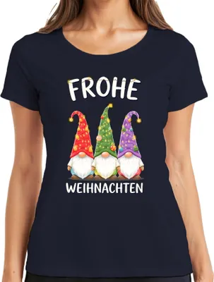 Produktbild von Frohe Weihnachten Wichtel Gnom Weihnachtsmütze Lichterketten Damen T-Shirt, Navy, M