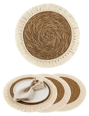Produktbild von Deko Untersetzer Boho Rund mit Fransen 25cm 4 Stück