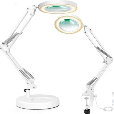 Image de Lampe de bureau loupe 2-en-1 - Lampe LED avec loupe 5x et pince - Lampe à bras pivotant réglable, 3 couleurs - Lampe de bureau loupe avec éclairage