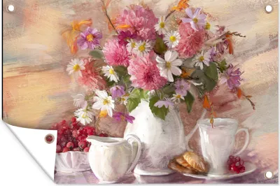 Produktbild von MuchoWow® 60x40 cm Outdoor-Poster Gartendeko Sichtschutz Garten Poster für den Garten  Gemälde - Blumen - Vase - Ölfarbe