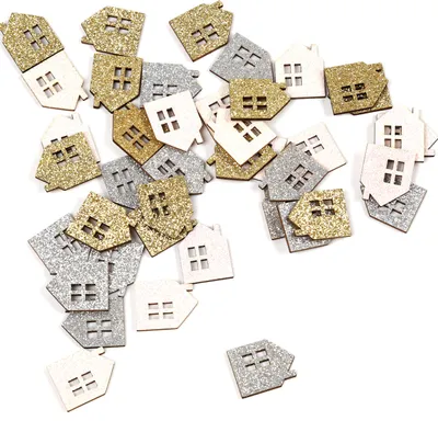 Produktbild von Oblique Unique Holz Konfetti Häuser Streudeko Winter Glitzer Tisch Deko für Advent Weihnachten Weihnachtsdeko - weiß silber gold