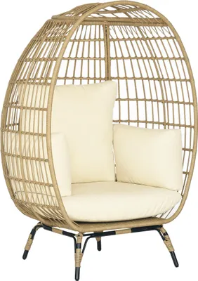 Productafbeelding van Outsunny rieten fauteuil in mandvorm, rieten stoel met zitkussen, metalen tuinstoel