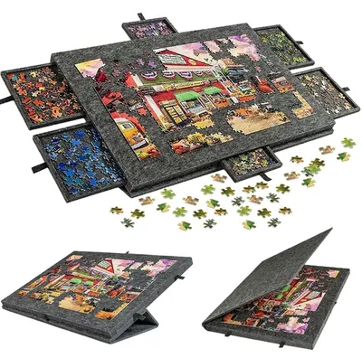 Produktbild von Kippbares Puzzletisch für 1000 Teile, Tragbares Puzzlebrett mit 6 Schubladen, Filz, Schwarz