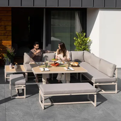 Produktbild von di volio Gartenmöbel Set MERUZO, Sitzgruppe Outdoor mit höhenverstellbarem Tisch, Gartengarnitur 6-teilig mit Sofa, Ecksofa und Bank, wetterfest, Beige