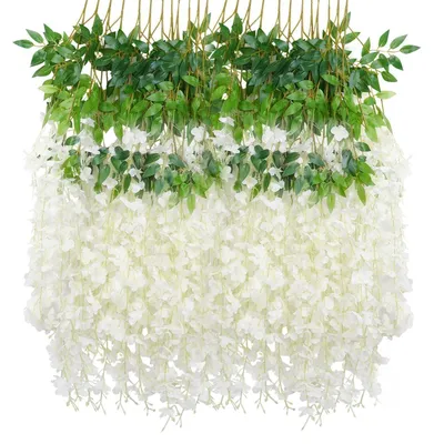 Image de Guirlande artificielle de glycine, 12 pièces, blanche, 110 cm, en soie et plastique