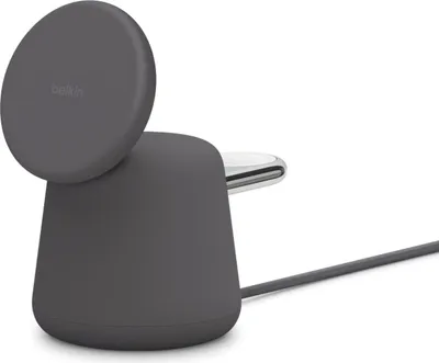 A gray 2-in-1 wireless charging stand with a MagSafe charger and a charging cable.